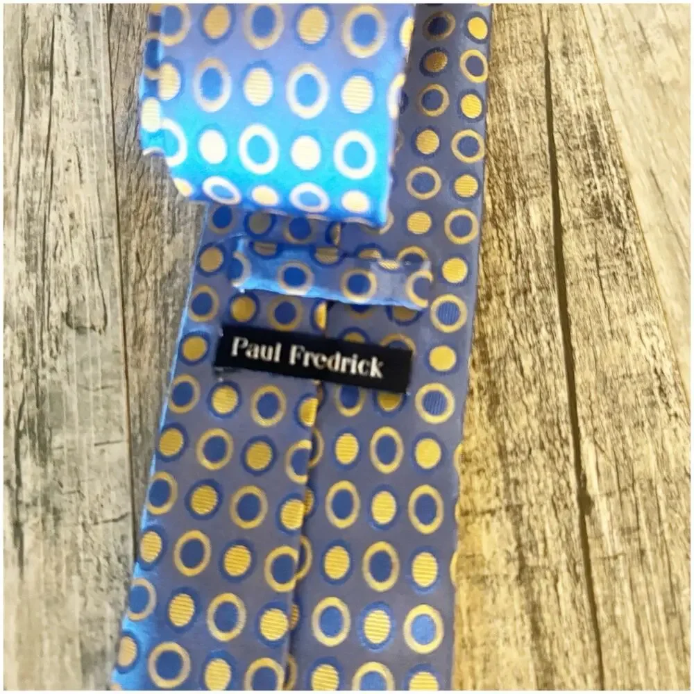 Paul Fredrick 100% Silk Tie Polka Dot Blue Yellow Abstract Artsy Business Preppy